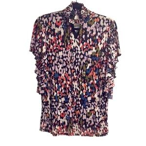 SO Multicolored Ruffled Blouse with Mandarin Collar Large